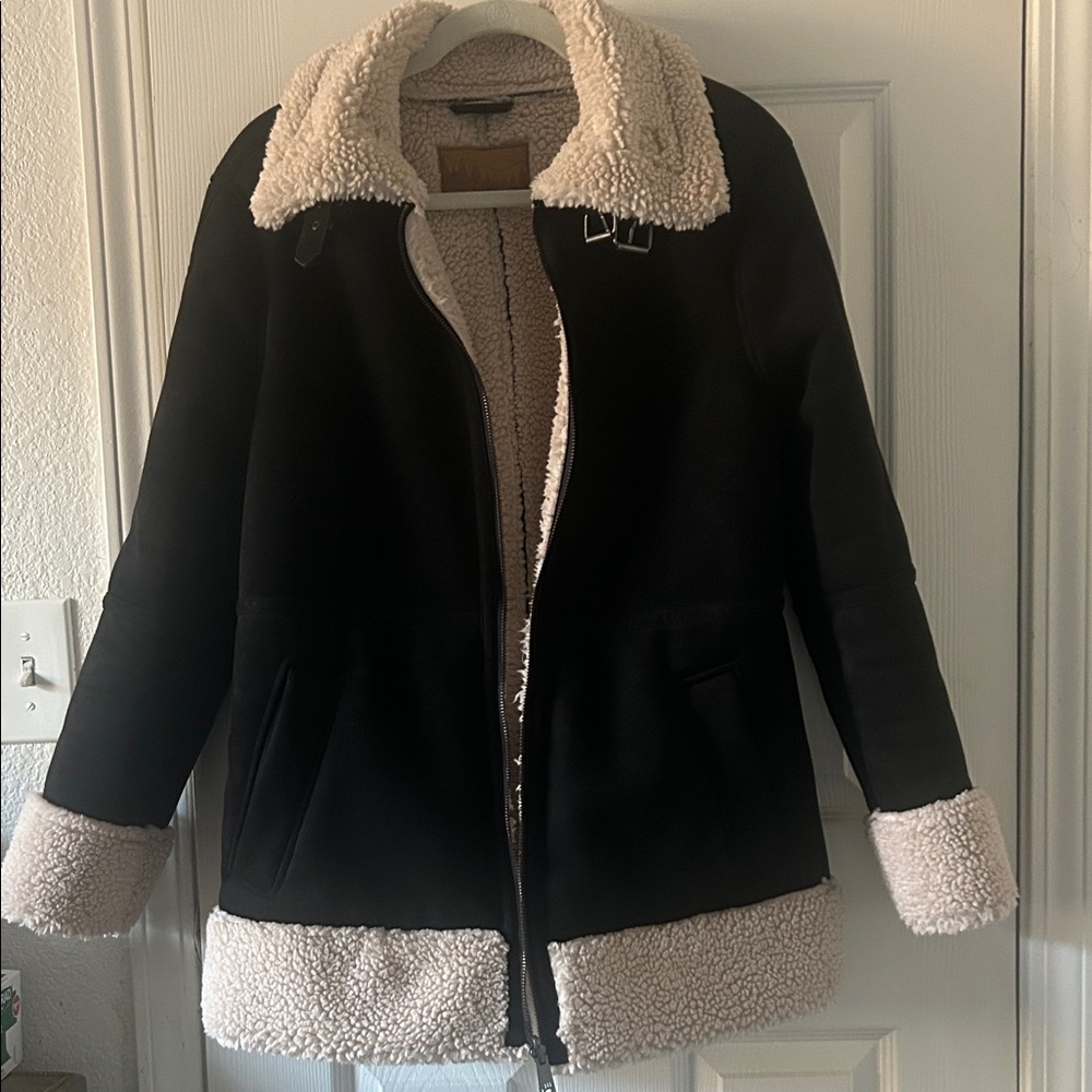 BearPaw Black Teddy Jacket with Cream Faux Shearling Trim